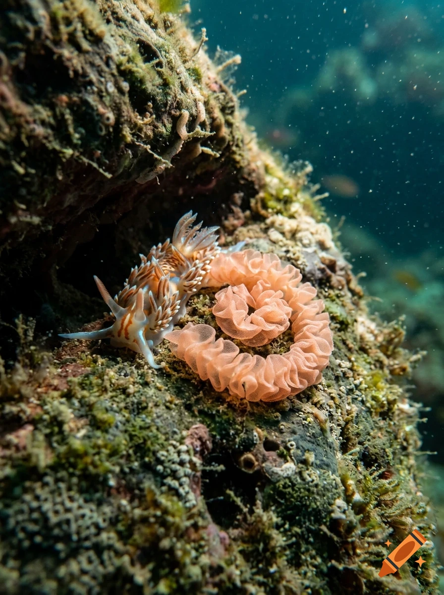 A nudibranch sea slug on a rocky underwater surface next to its coiled pink egg ribbon.
