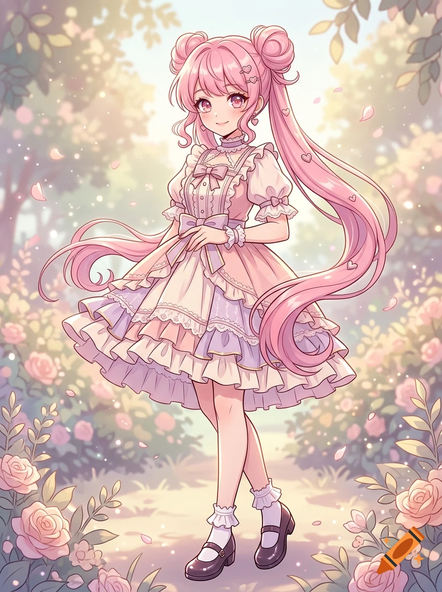 Anime illustration of a smiling girl with pink hair in twin buns and a frilly dress, standing in a rose garden.
