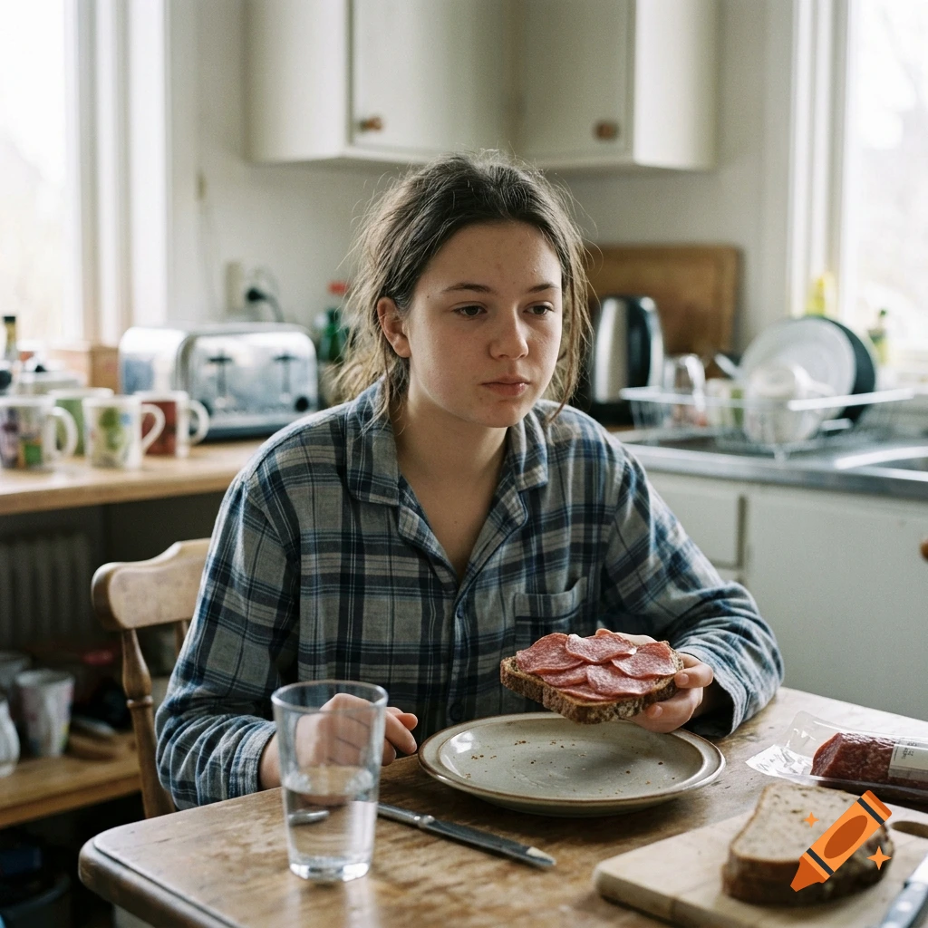 Photorealistic image of a young girl sitting at a kitchen table eating a salami sandwich.