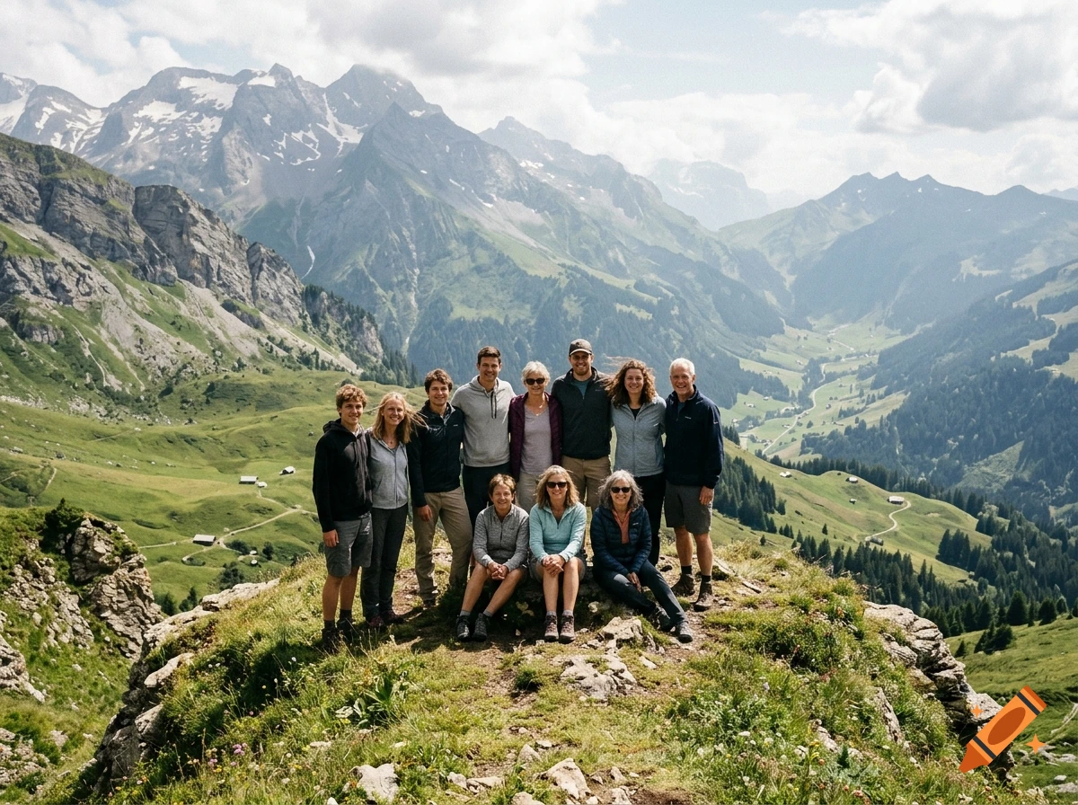 A group of diverse people standing on a rocky mountain peak with a vast green valley and mountain range in the background, photorealistic style.