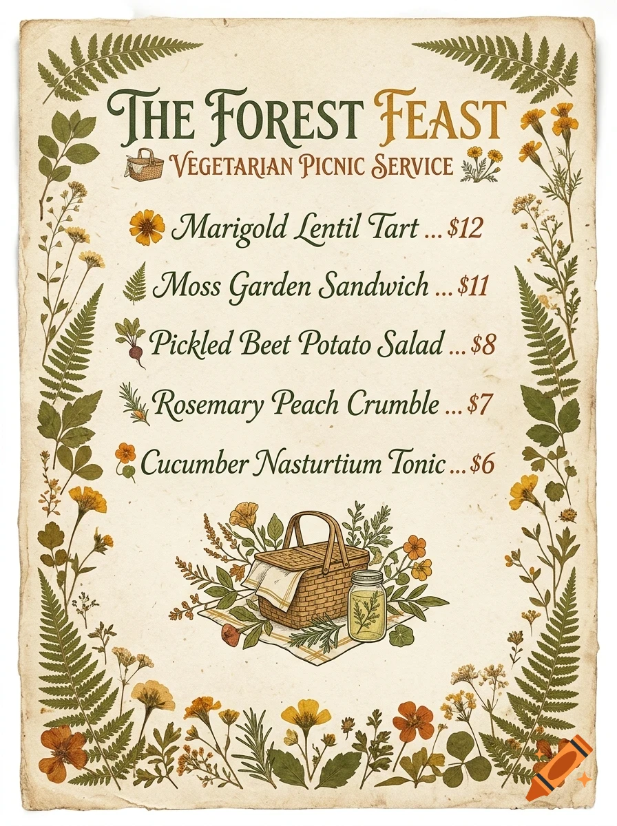 An illustrated menu for The Forest Feast featuring vegetarian picnic items with botanical border decorations.