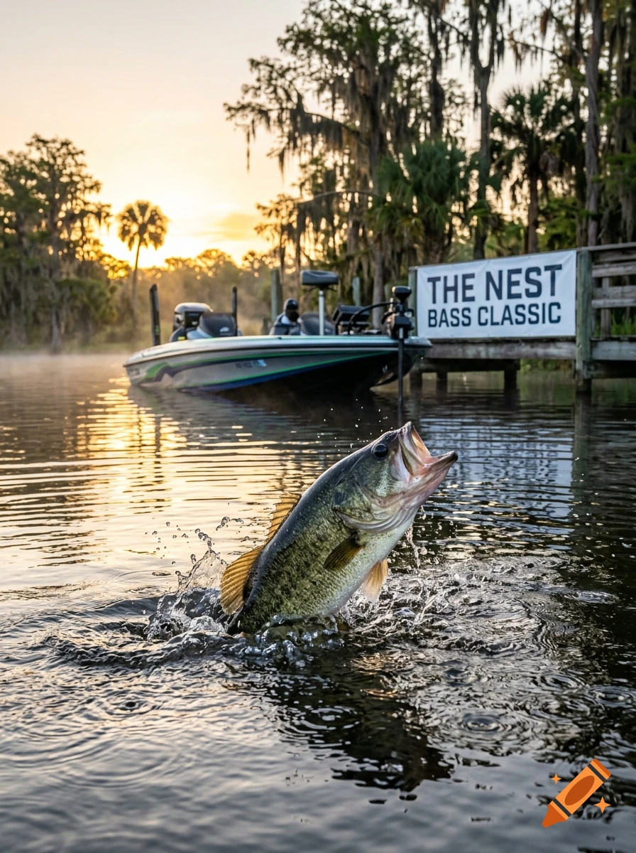 Photorealistic image of a largemouth bass jumping out of water at sunset near a boat and sign reading The Nest Bass Classic.