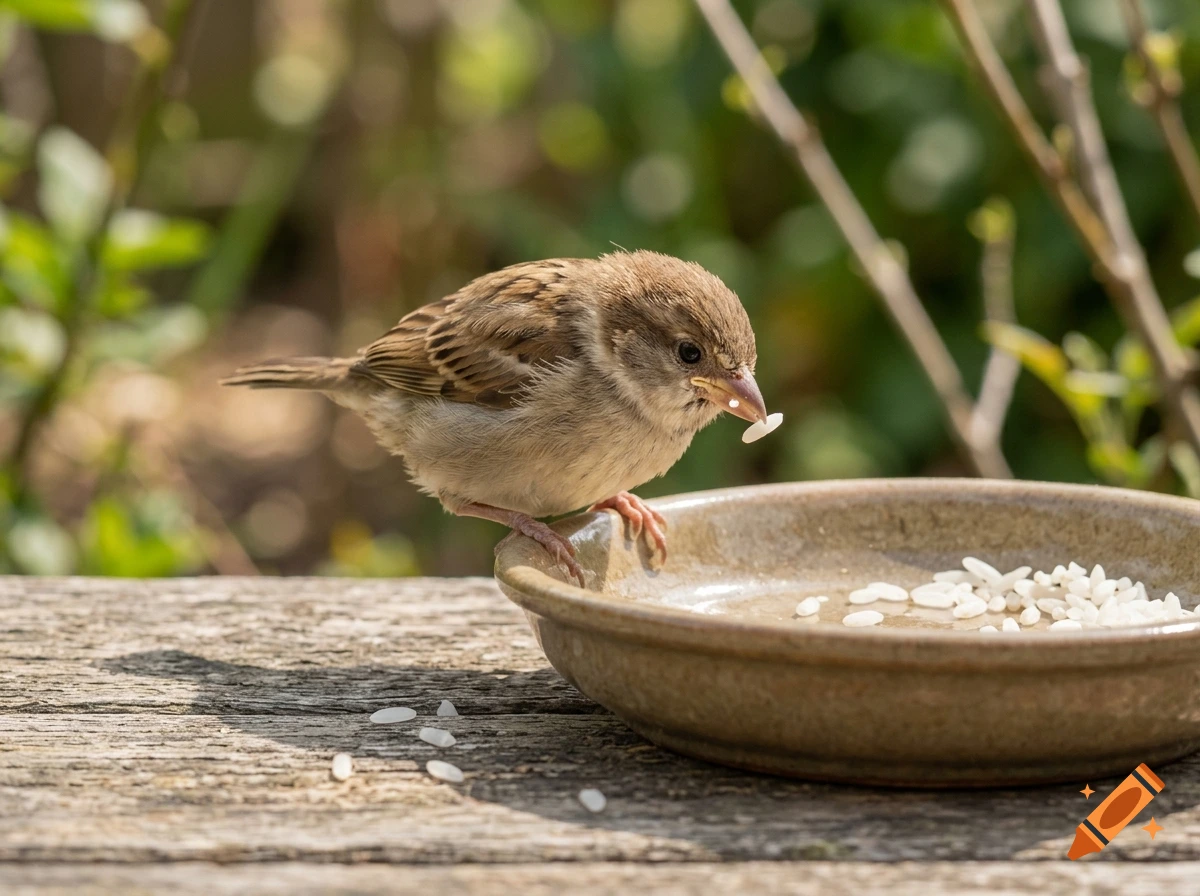 Photorealistic image of a small brown sparrow perched on the edge of a ceramic bowl eating rice grains on a rustic wooden table.