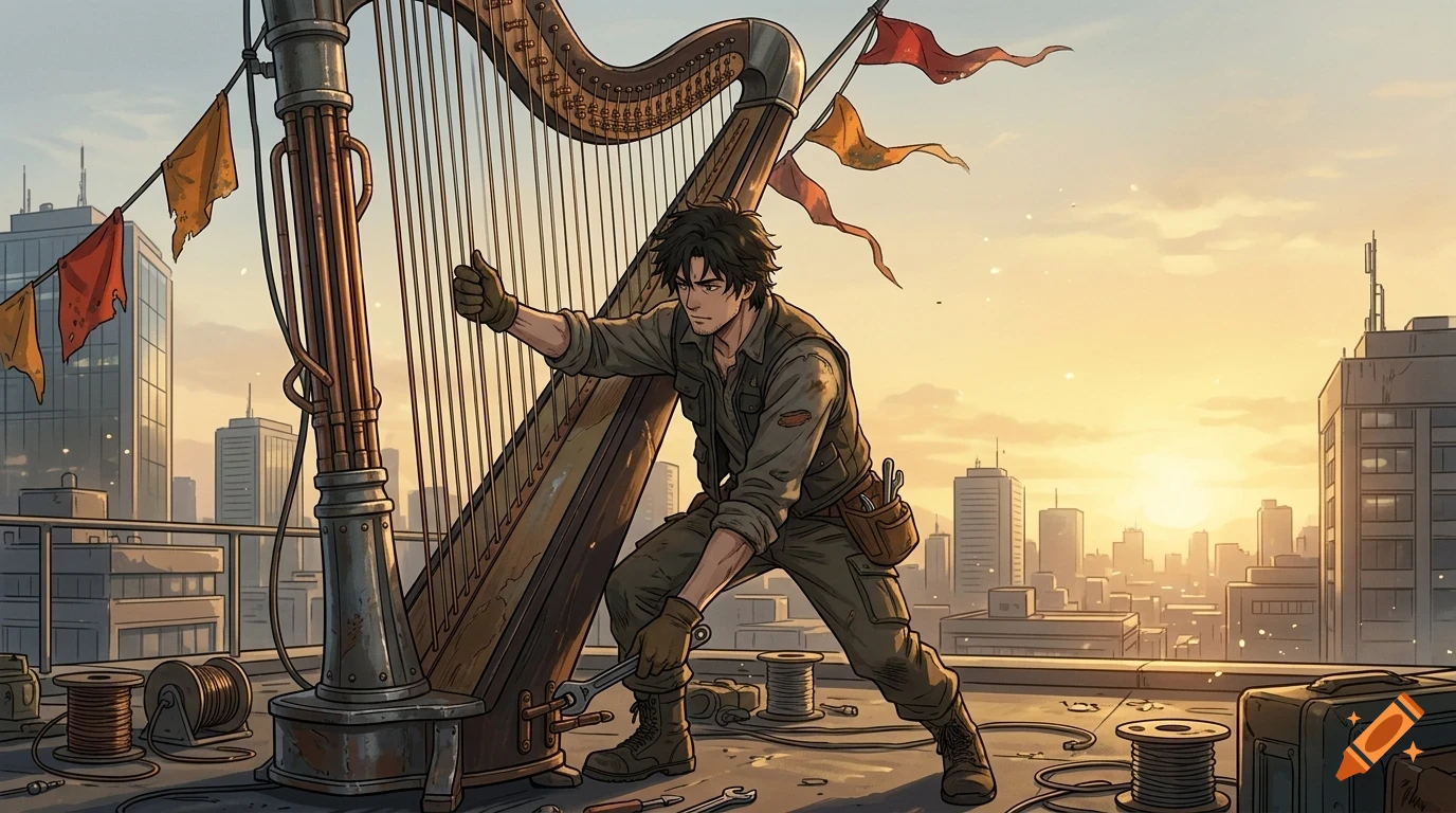 An anime-style illustration of a man repairing a large harp on a rooftop overlooking a city at sunset.