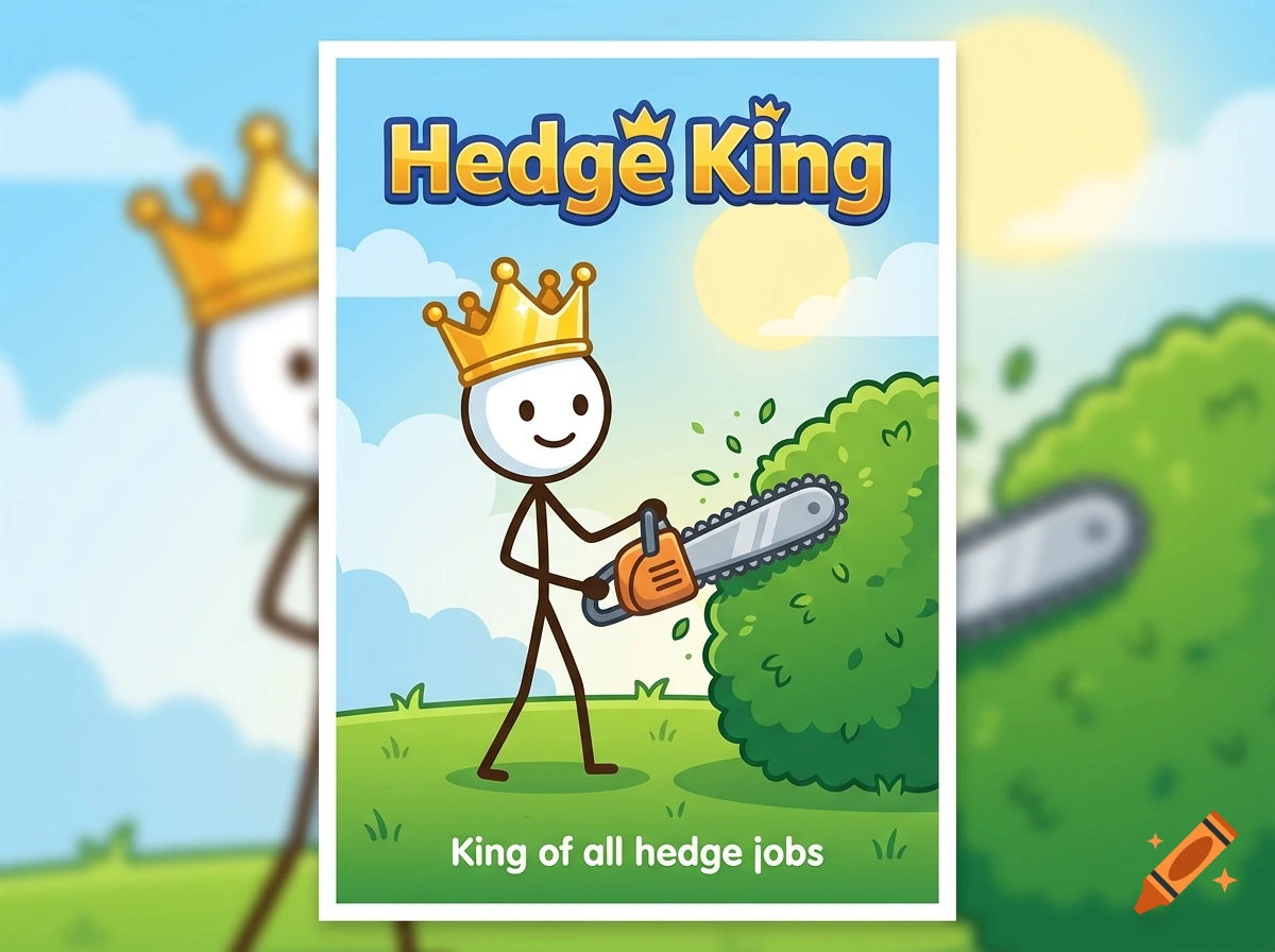 2D cartoon stick man wearing a crown and using a chainsaw to trim a hedge, with the text Hedge King.