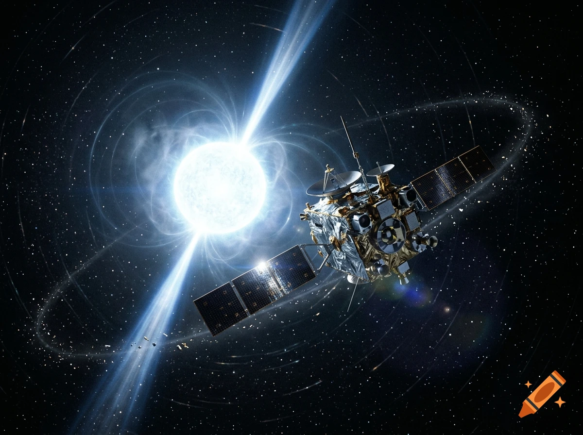 Photorealistic image of a space probe orbiting a bright neutron star emitting energetic beams in space.