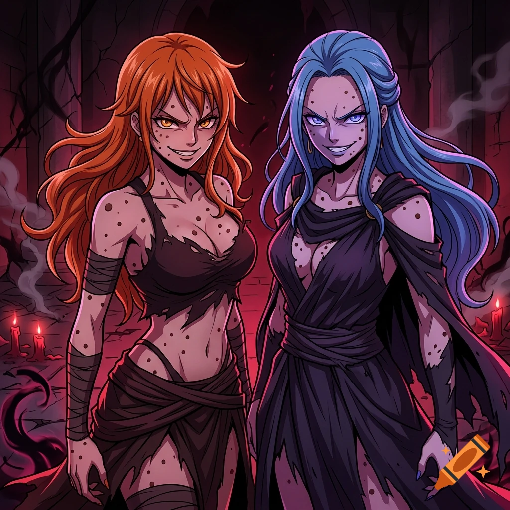 Anime style illustration of two evil female characters with long hair and dark clothing in a gothic dungeon setting.