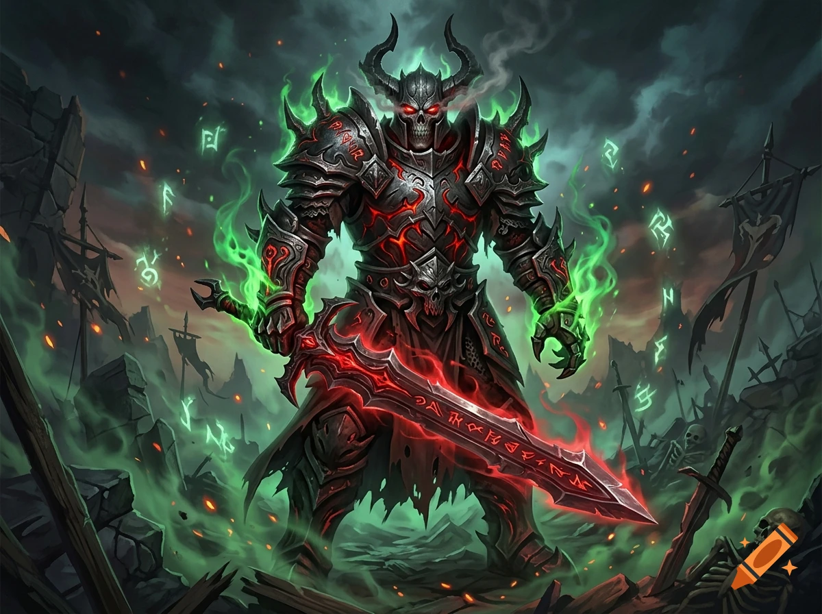 Digital illustration of an imposing armored death knight with red glowing eyes holding a glowing red sword amidst green runes and smoke.