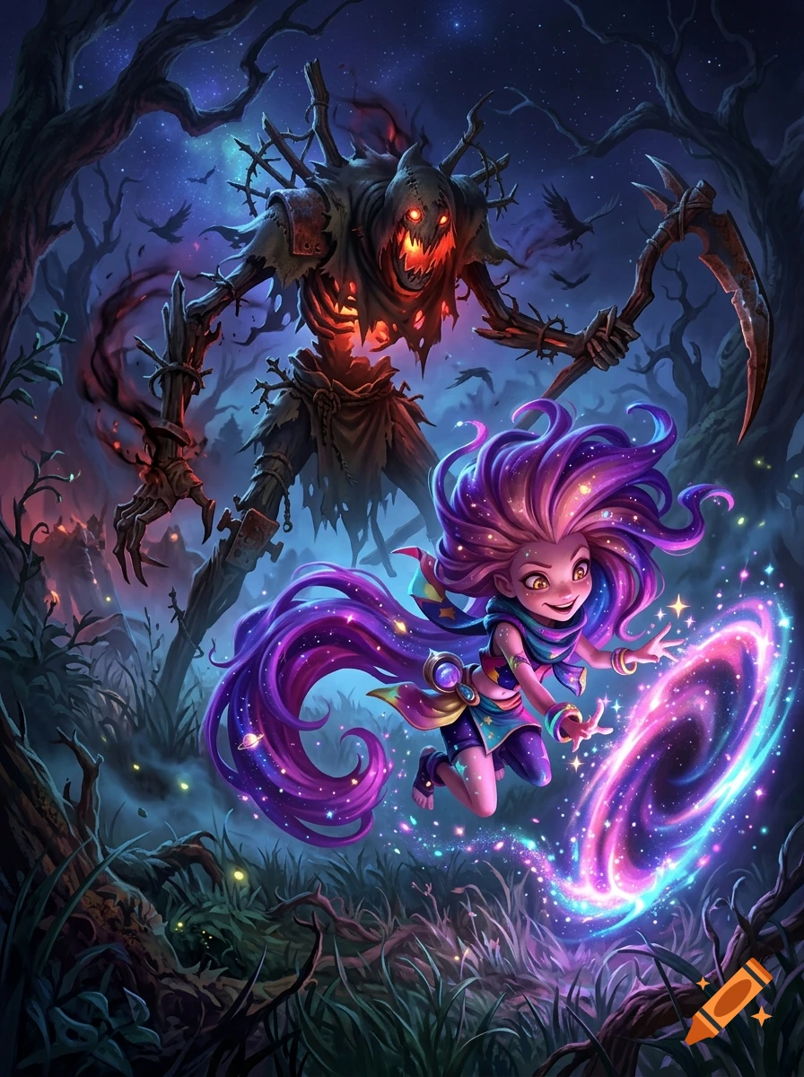 Digital illustration of Zoe from League of Legends creating a glowing portal while Fiddlesticks looms behind her in a dark forest.