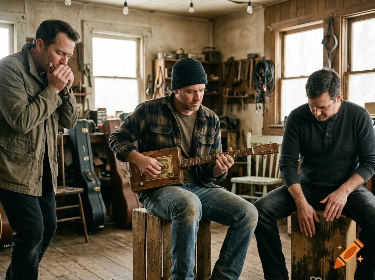 Photorealistic image of three men playing instruments in a rustic workshop, one on a cigar box guitar, one on a harmonica, and one on a cajon.
