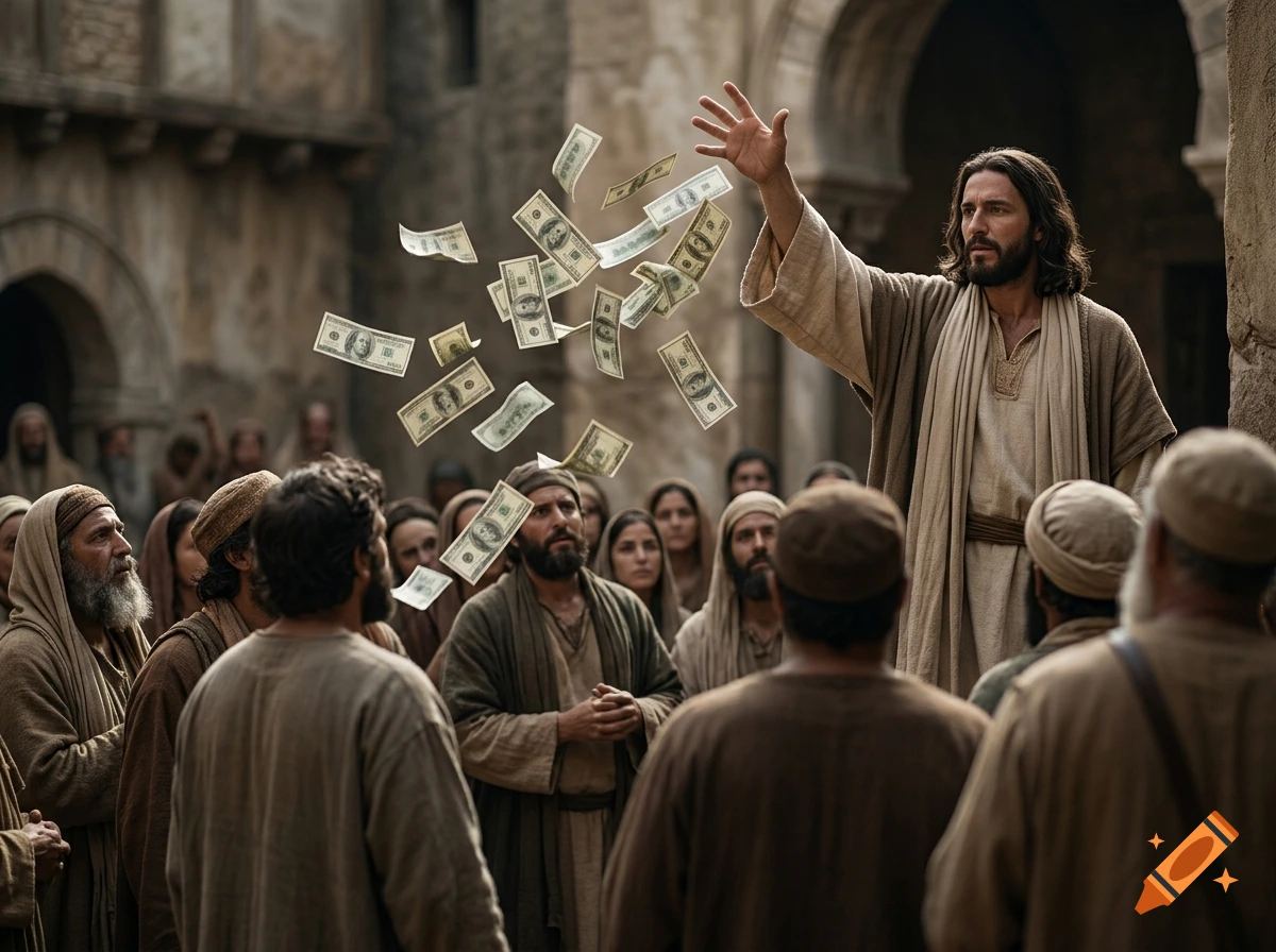 Photorealistic scene of a man in historical robes throwing US dollar bills into the air above a crowd of people in a stone alleyway.