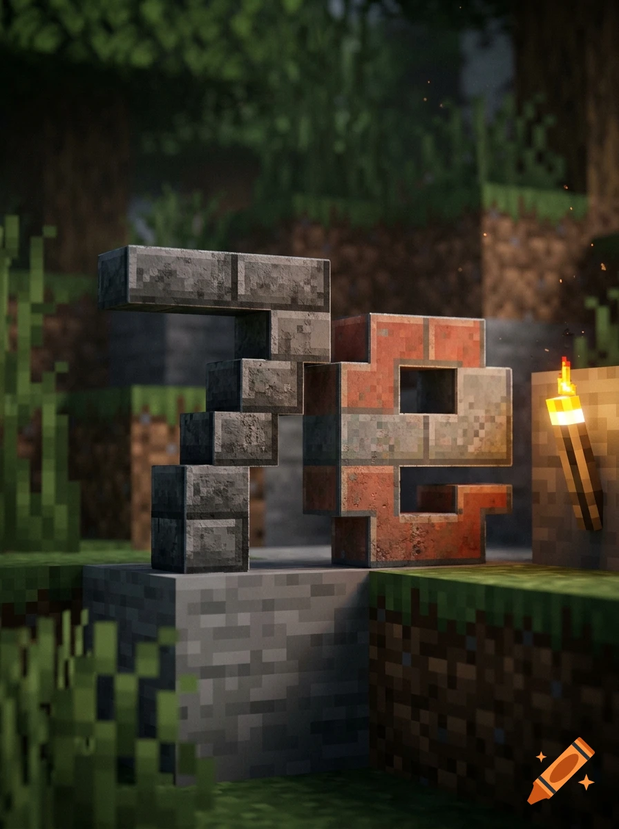 Minecraft-style stone and brick blocks forming the text 7e, illuminated by a torch in a dark forest setting.
