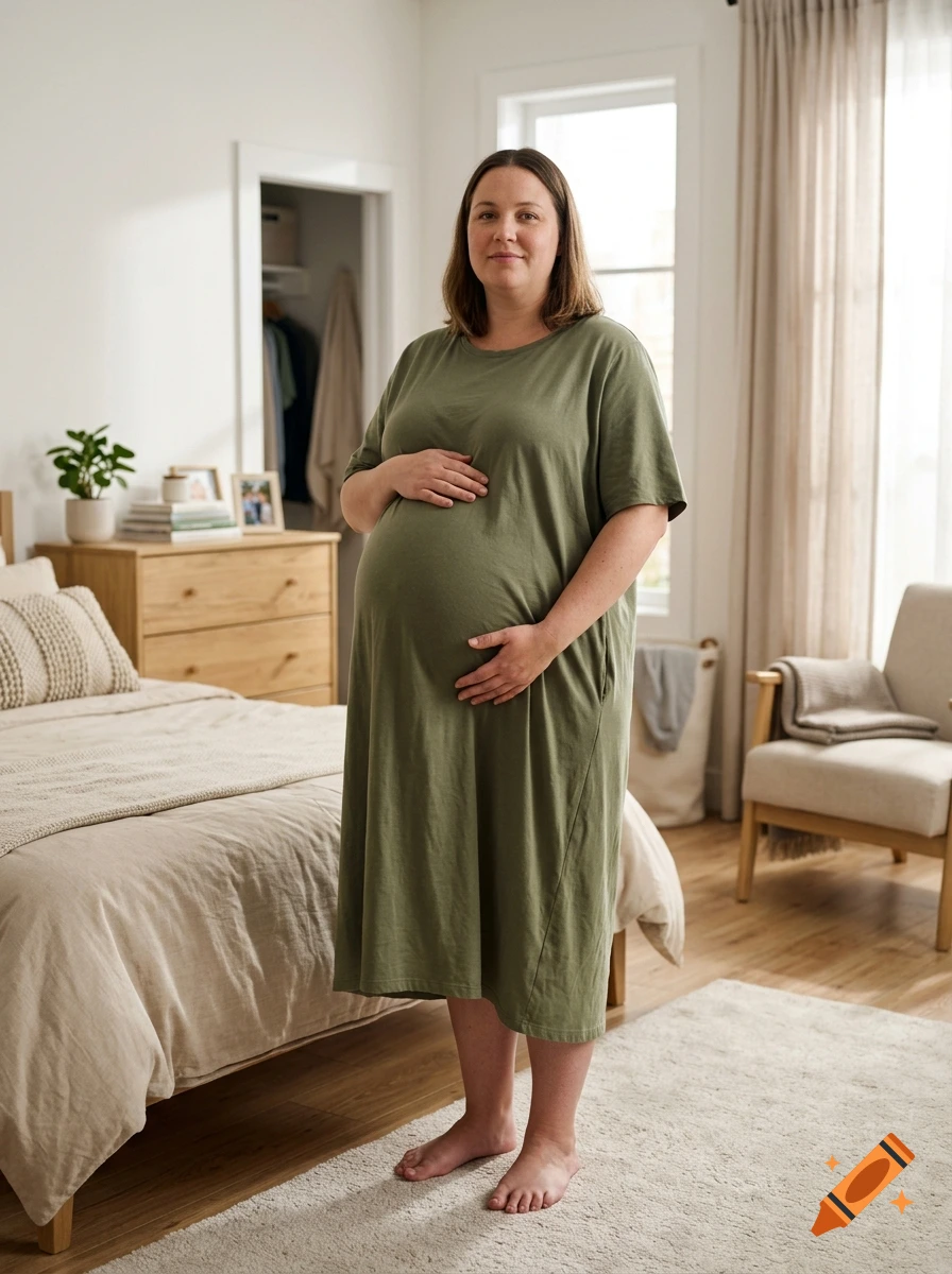 Photorealistic image of a pregnant woman standing in a bedroom, holding her baby bump.