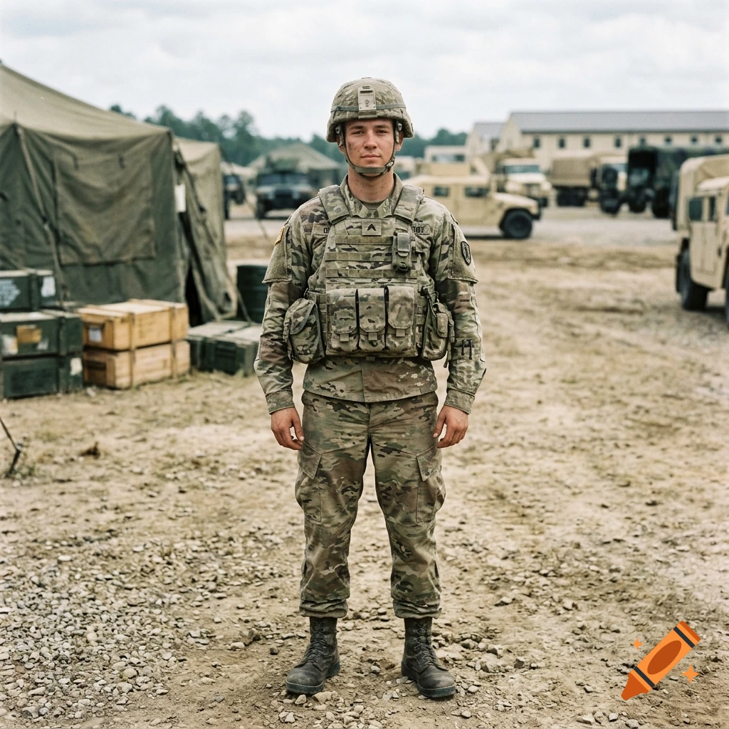 Photorealistic full-body portrait of a young soldier in military camouflage uniform and helmet standing outdoors in a military camp.