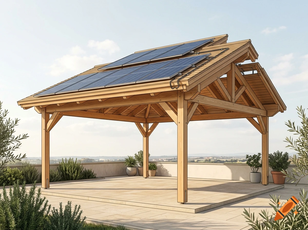 Photorealistic wooden gazebo with solar panels on the roof on a rooftop terrace with potted plants.