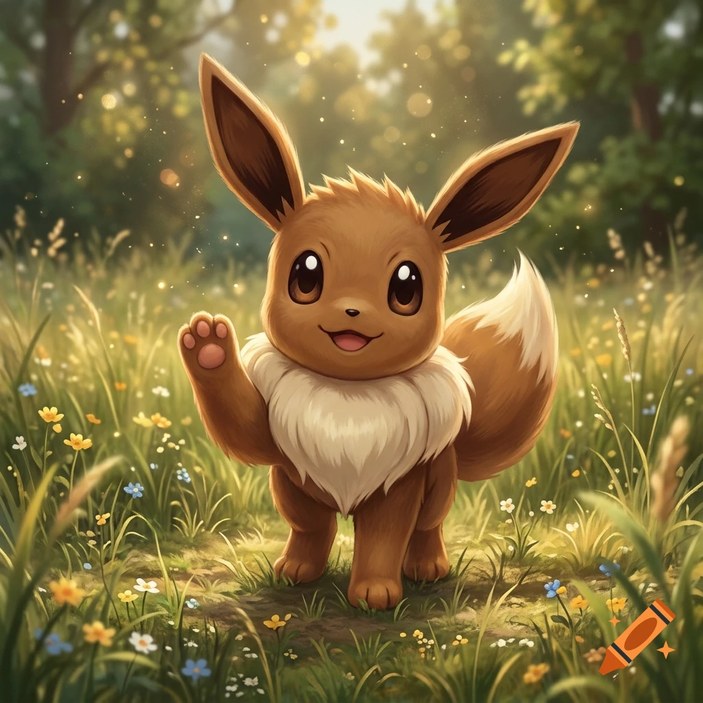 An Eevee waving happily in a sunny forest clearing filled with wildflowers, digital illustration style.