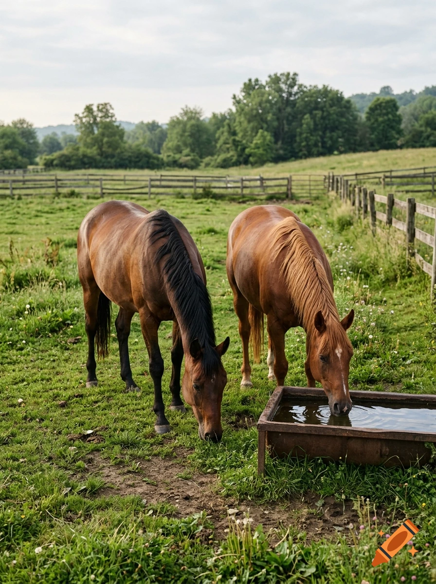 Two horses in a grassy field, one eating grass and the other drinking water from a metal trough, photorealistic.