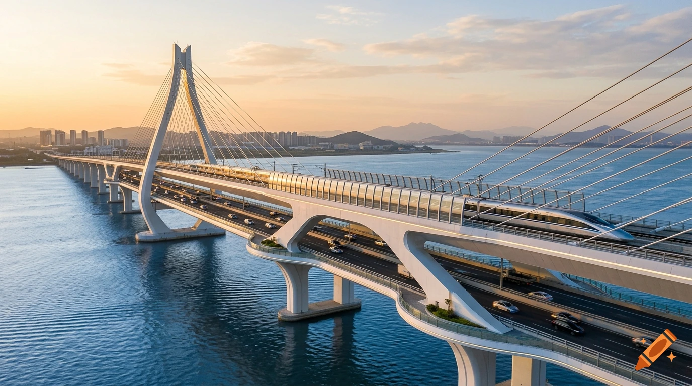 Photorealistic aerial view of a modern multi-deck cable-stayed bridge spanning across a body of water at sunset.