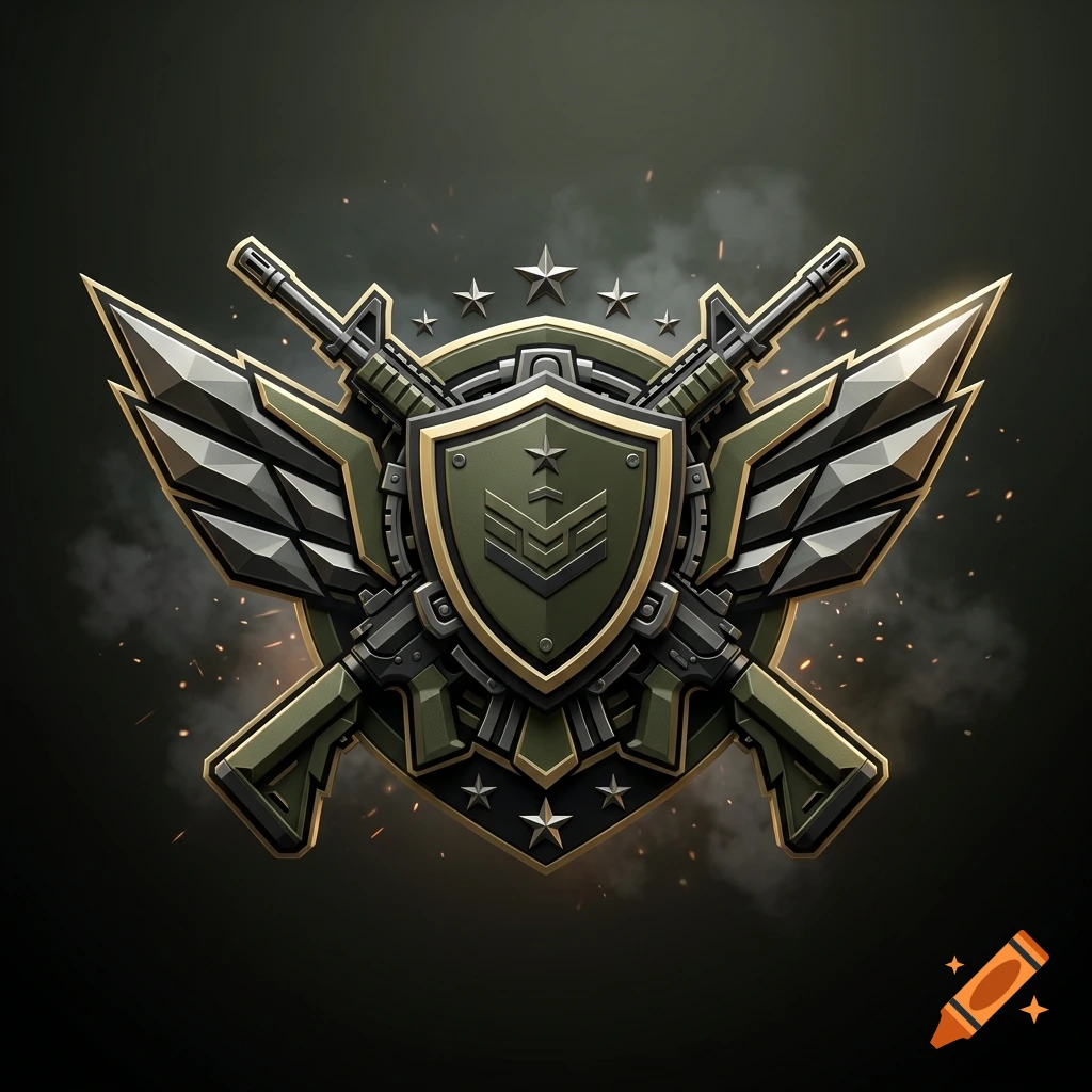 Digital military emblem featuring a green shield, crossed rifles, metallic wings, and stars on a dark background.