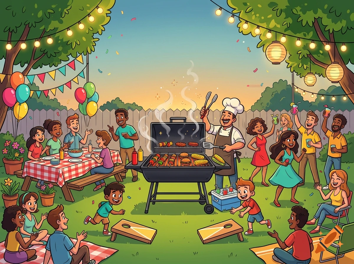 Cartoon style illustration of a lively backyard barbecue party with people grilling, eating, and mingling.