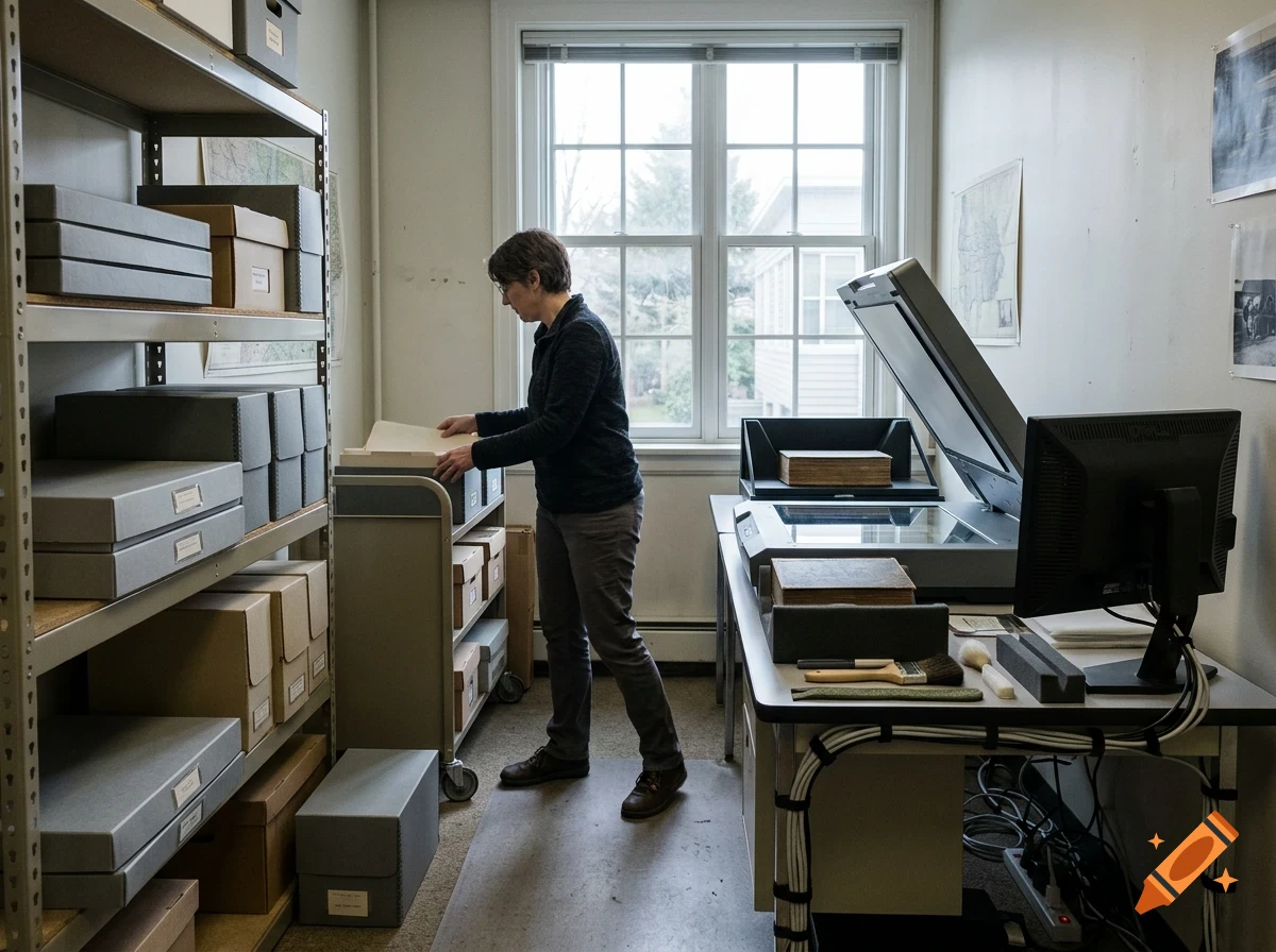 A person works in an archive office with shelves of storage boxes, a large book scanner, and a computer desk.
