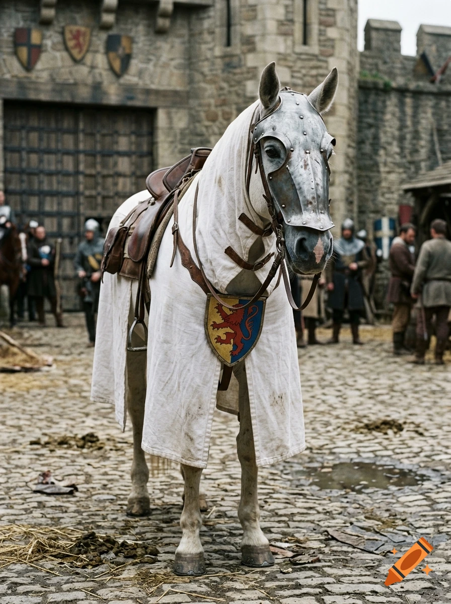 Photorealistic warhorse in medieval armor and white linen caparison standing in a castle courtyard.