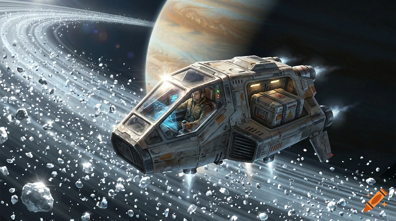 A futuristic spaceship flying through an asteroid field near a ringed planet.