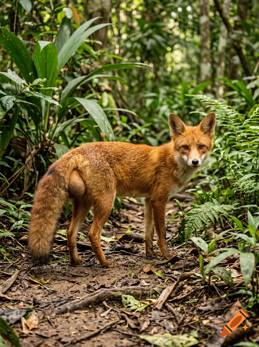 Photorealistic image of a red fox standing on a muddy trail in a lush green jungle.