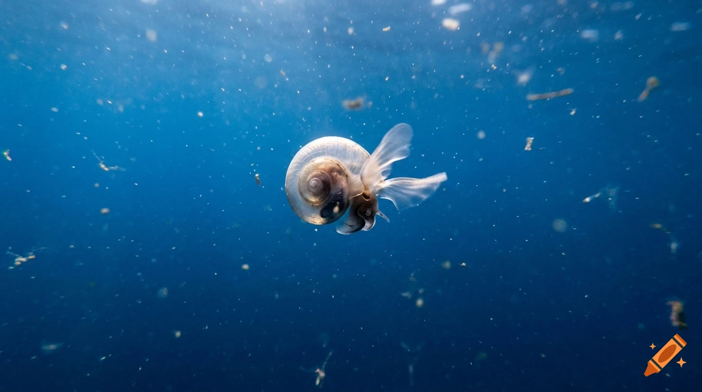 A tiny sea butterfly swimming in the deep blue ocean.