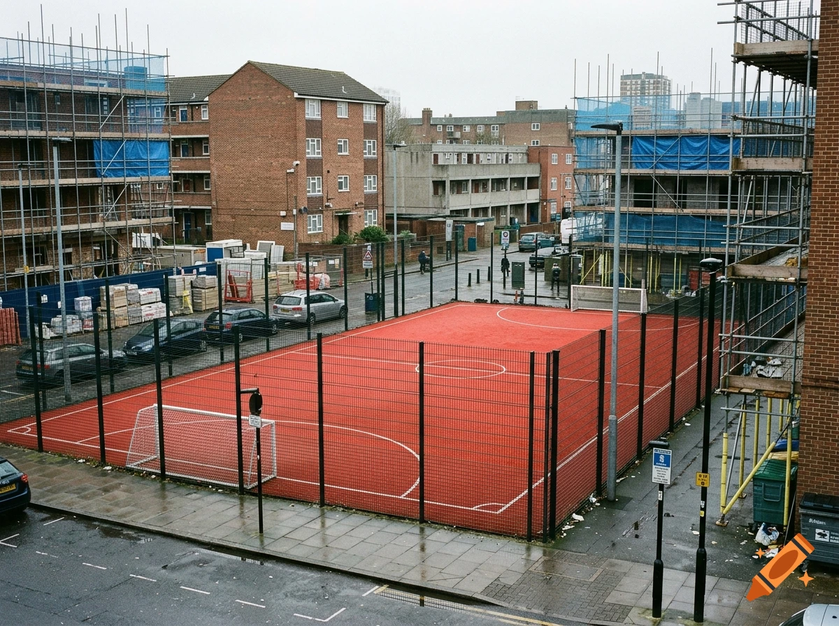 An elevated view of a bright red football pitch enclosed by a black wire fence, surrounded by city buildings and scaffolding.