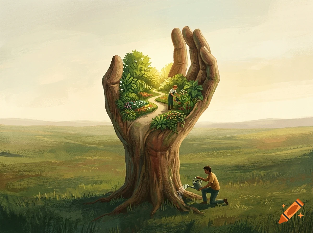 An illustration of a giant tree shaped like a hand, holding a lush garden with a path and a person watering plants, while another person waters the base in a field.