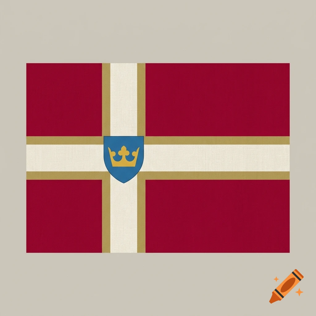 A stylized flat image of a historic Scandinavian flag featuring a Nordic cross with a blue shield and yellow crown.