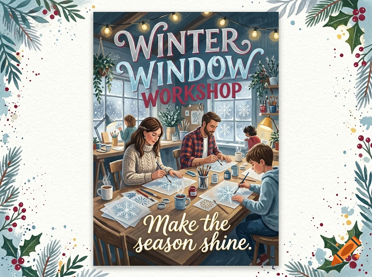 An illustration of people painting snowflakes at a workshop table under string lights, with text reading Winter Window Workshop and Make the season shine.