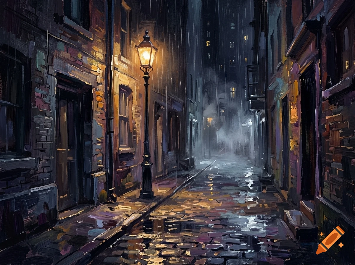 An oil painting of a rainy narrow city alley at night with a glowing street lamp and cobblestone pavement reflecting light.