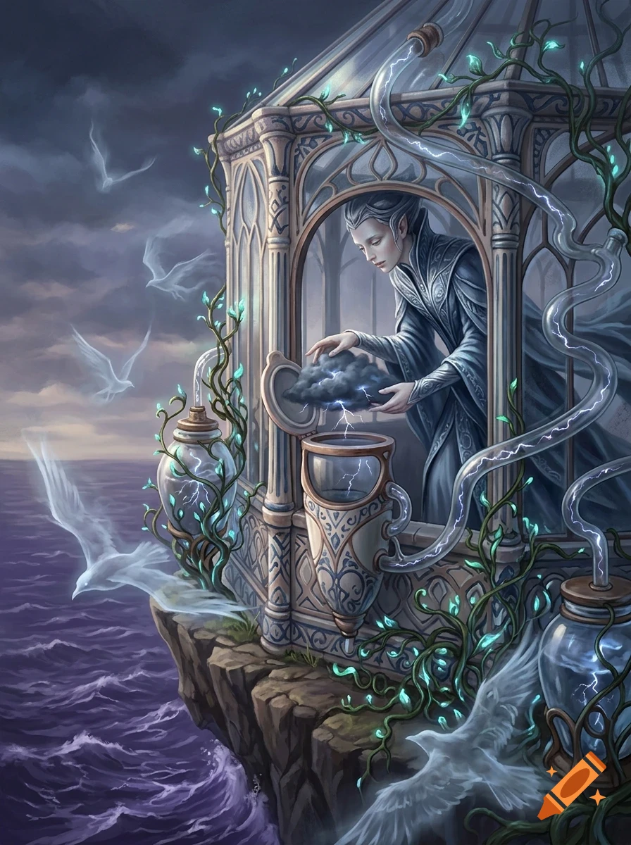 An elf-like figure in a glass pavilion overlooking the sea releases a small storm cloud holding lightning into a glass jar.