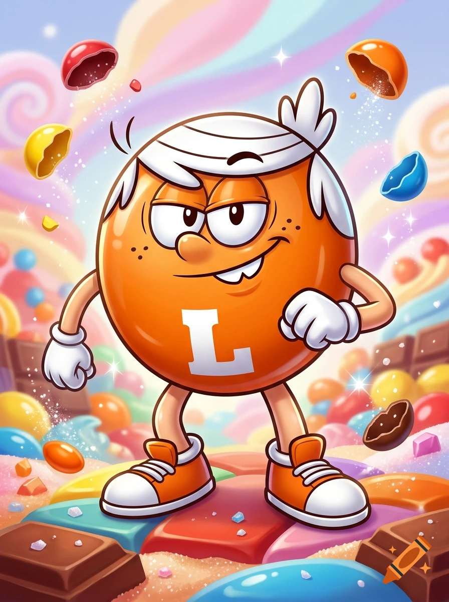 Digital illustration of Lincoln Loud from The Loud House styled as an orange M&M candy character standing on a candy road.