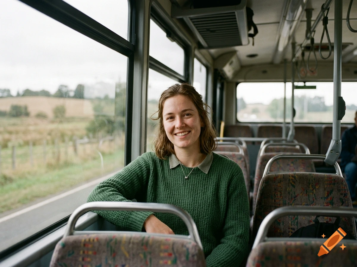 Photorealistic image of a smiling young woman with brown hair sitting inside a regional bus next to a large window.