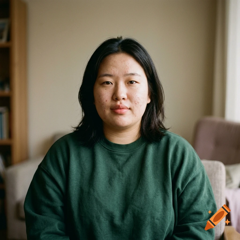 A photorealistic portrait of an Asian woman with dark hair and a green sweater sitting indoors.