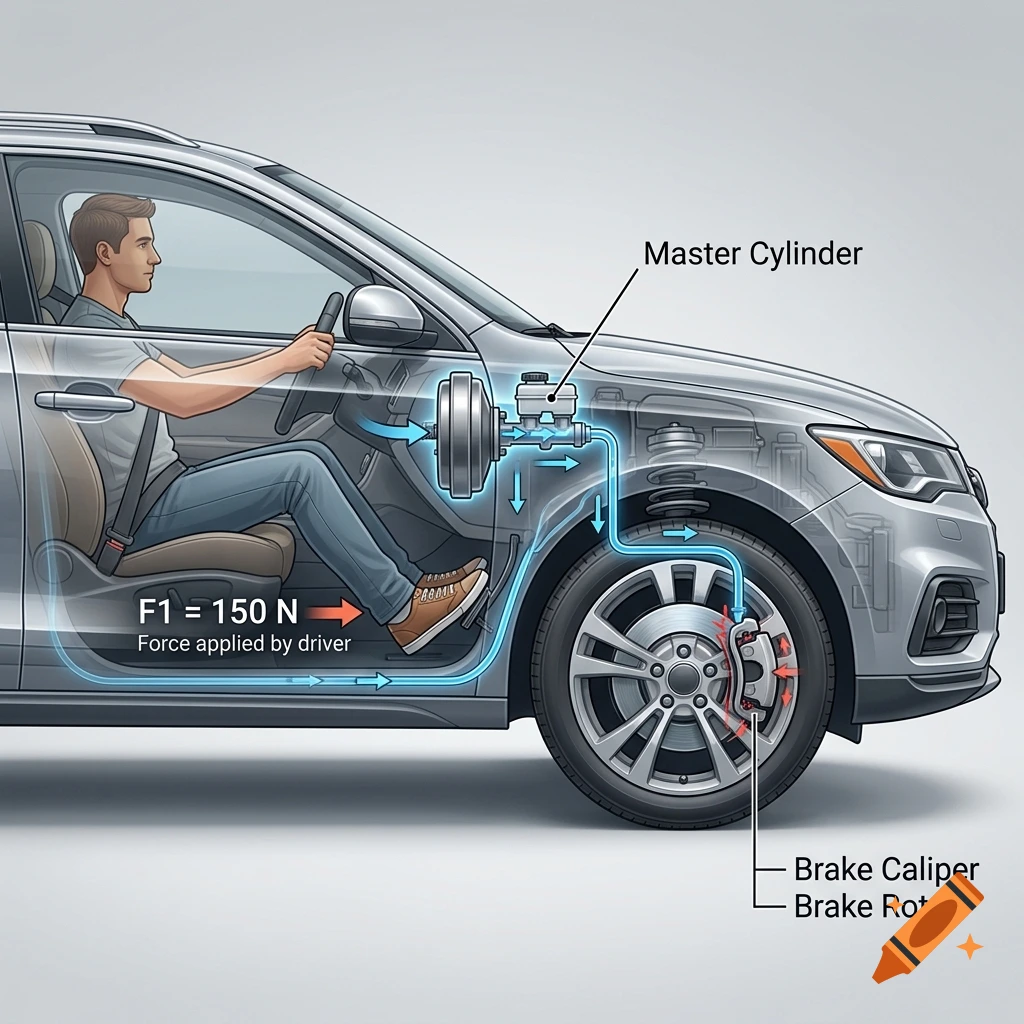 Cutaway illustration of a car braking system showing the driver pressing the pedal, master cylinder, and brake caliper.