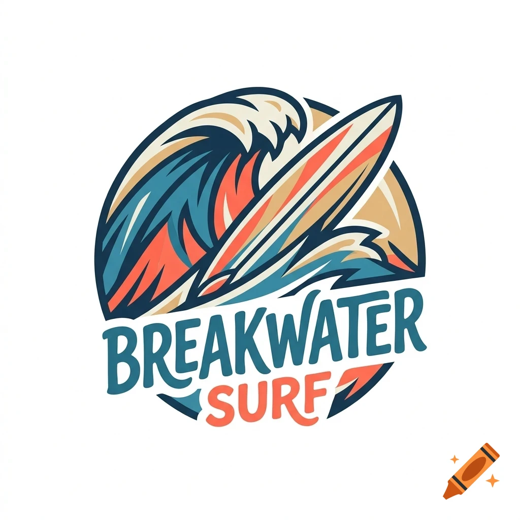 A circular logo featuring a surfboard over a stylized ocean wave with the text Breakwater Surf below.