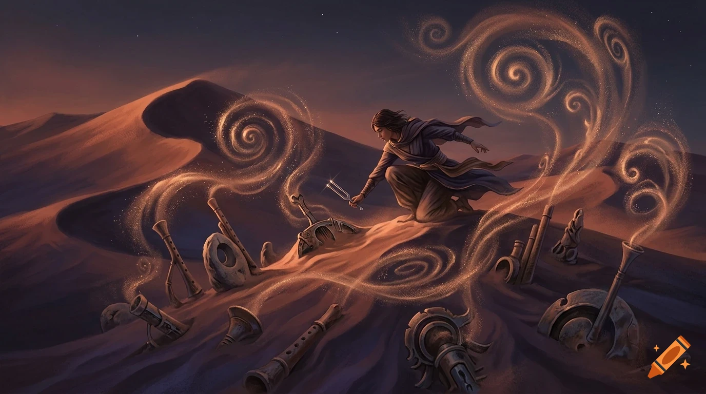 A person kneels in a desert landscape filled with sand dunes, surrounded by musical instruments emerging from the sand while swirling sparkling patterns rise into the air.