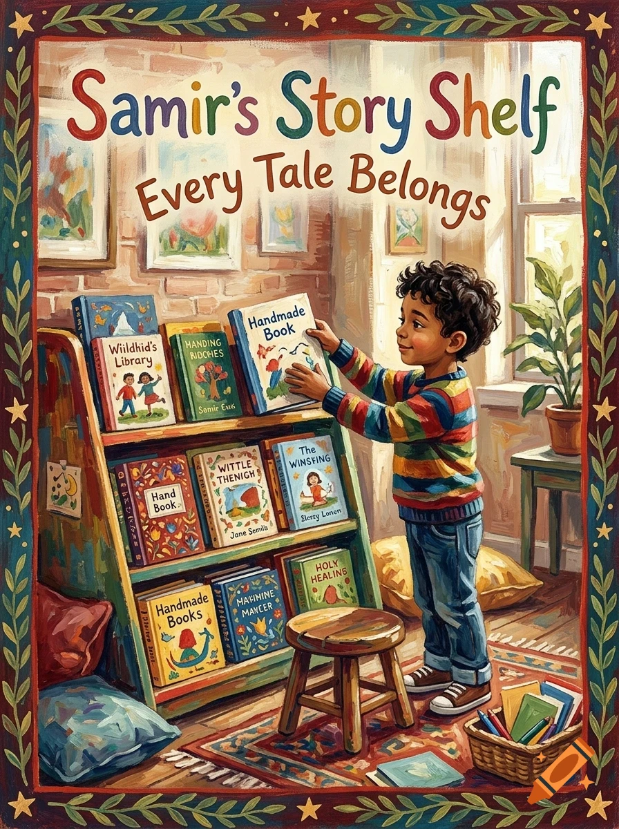 An illustration of a young boy reaching for a book on a crowded bookshelf labeled Samir's Story Shelf, Every Tale Belongs.