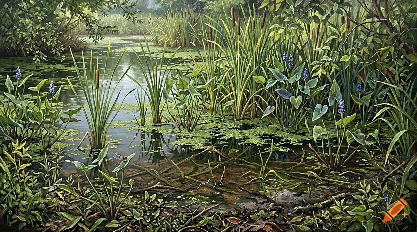 An oil painting of a lush, overgrown marsh with cattails, aquatic plants, and still water.