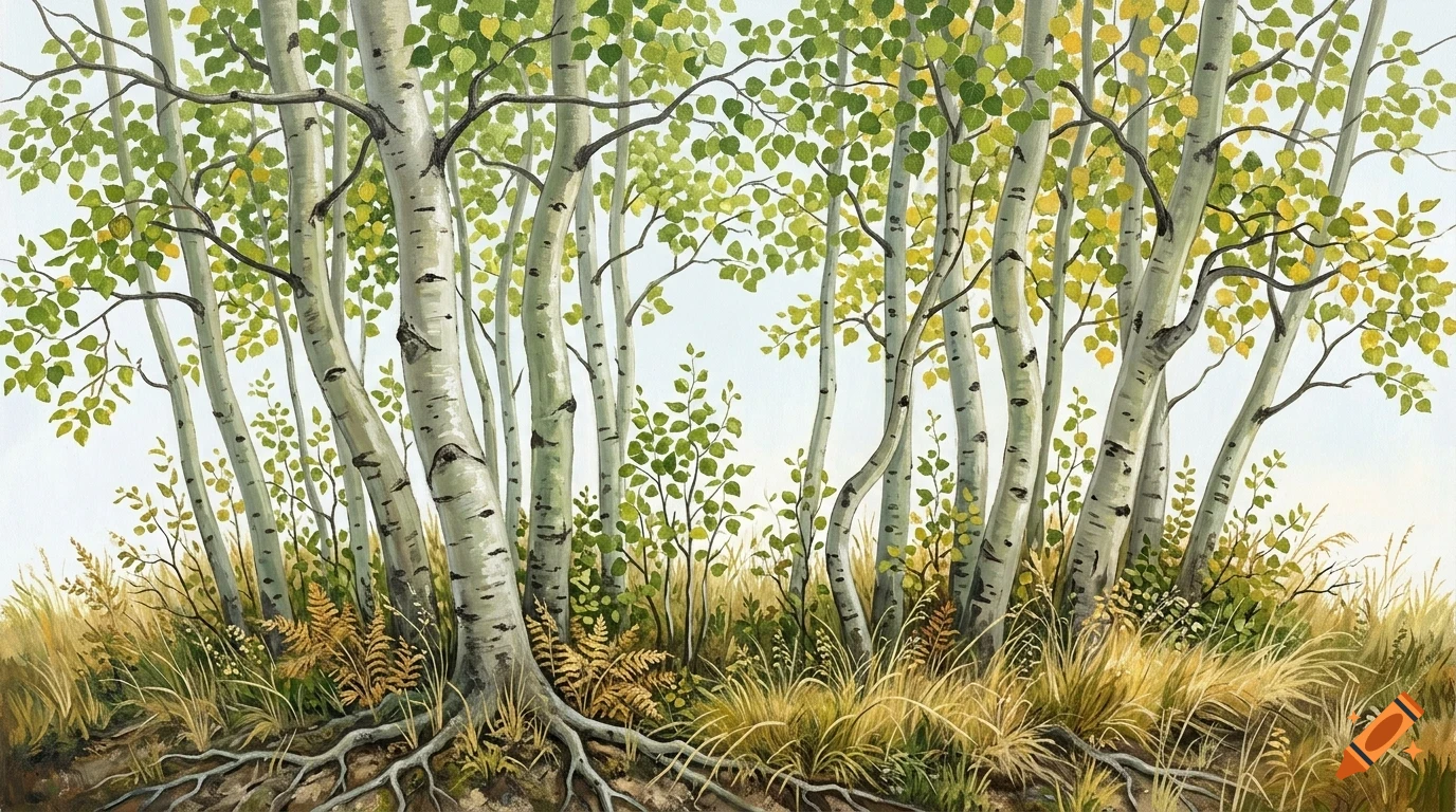 An illustration of a grove of white-barked birch trees with green leaves and exposed roots growing over grassy terrain.