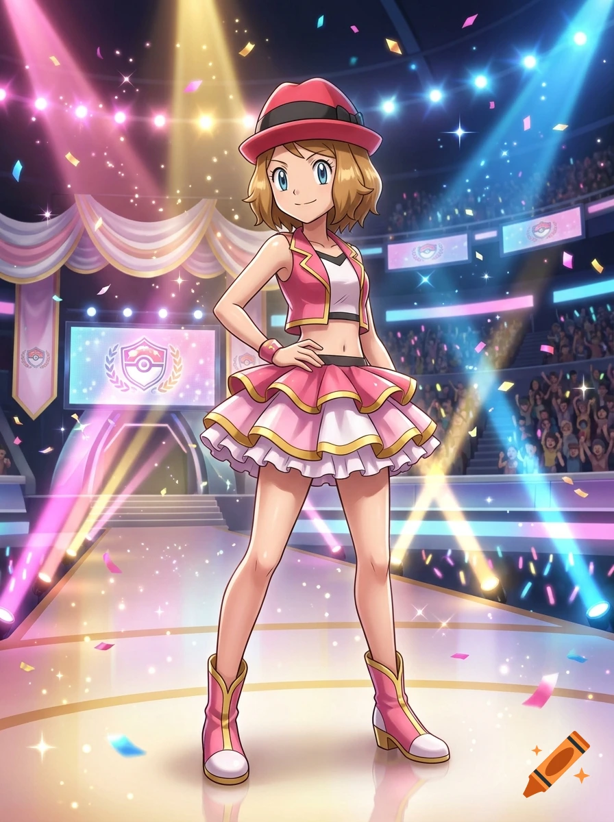 Full-body anime style illustration of Serena from Pokemon in a pink stage outfit and red hat standing on a brightly lit stage.