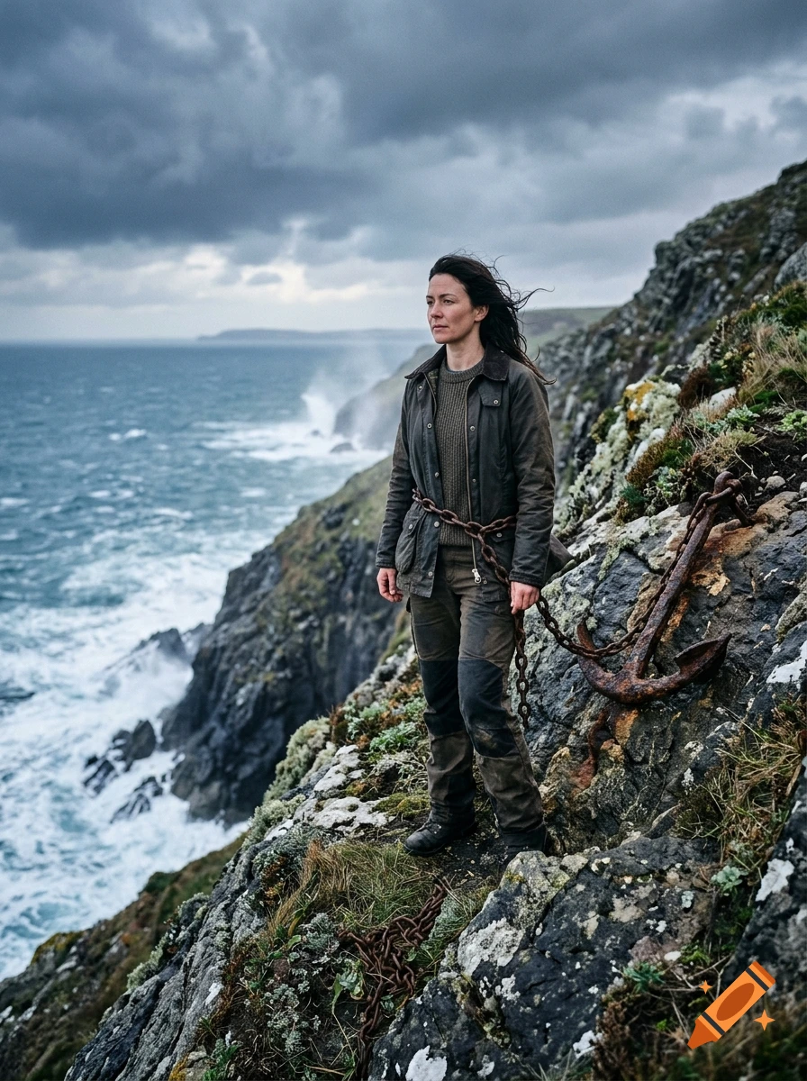 Photorealistic image of a woman with a chain around her standing on a rocky cliff overlooking a stormy sea.