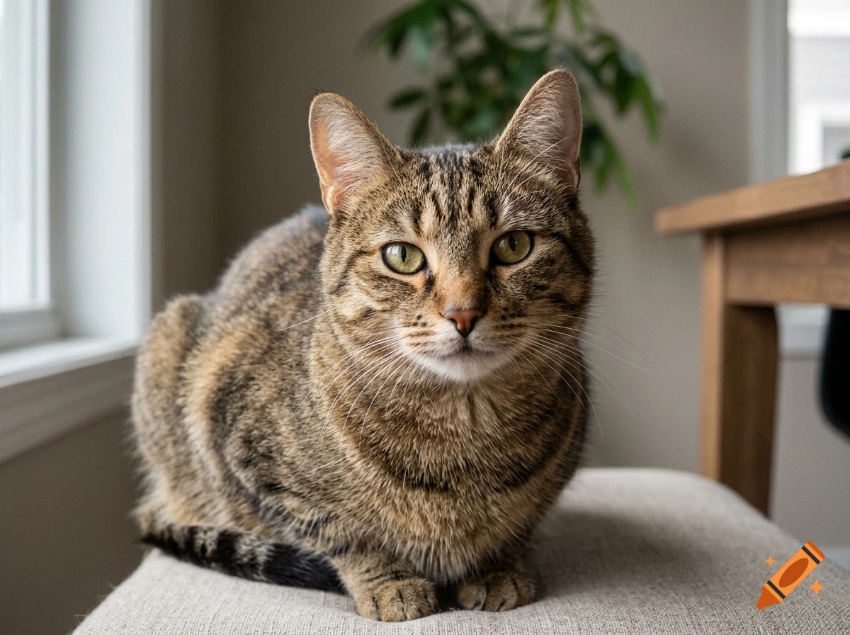 Close-up photorealistic shot of a tabby cat sitting on a cushioned chair indoors.