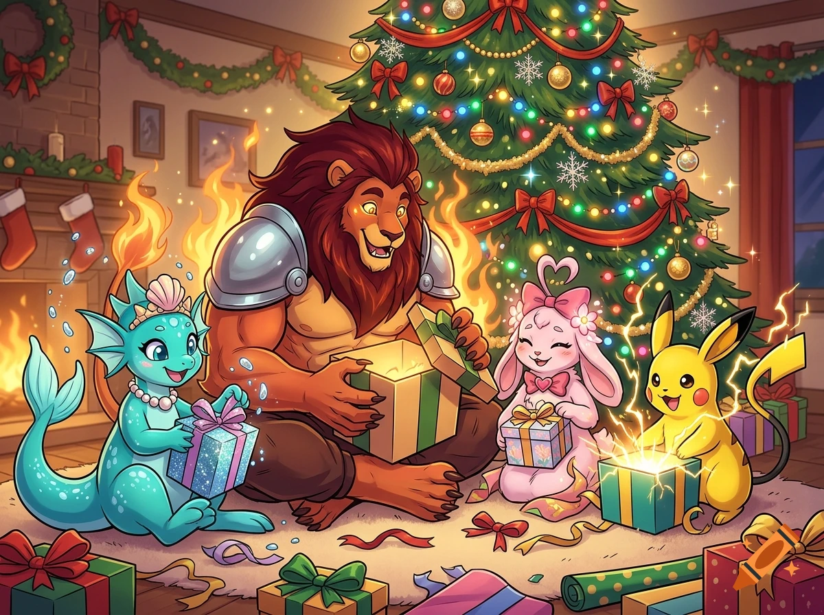 Colorful comic illustration of four fantasy creature characters opening Christmas presents under a decorated tree.