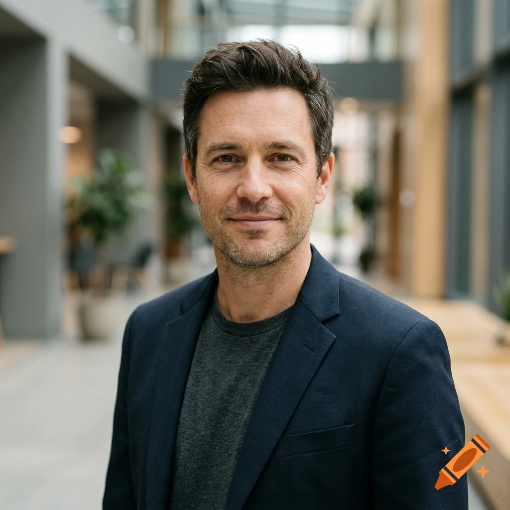 Photorealistic portrait of a 39-year-old man with dark hair and stubble, wearing a blazer in a modern office hallway.