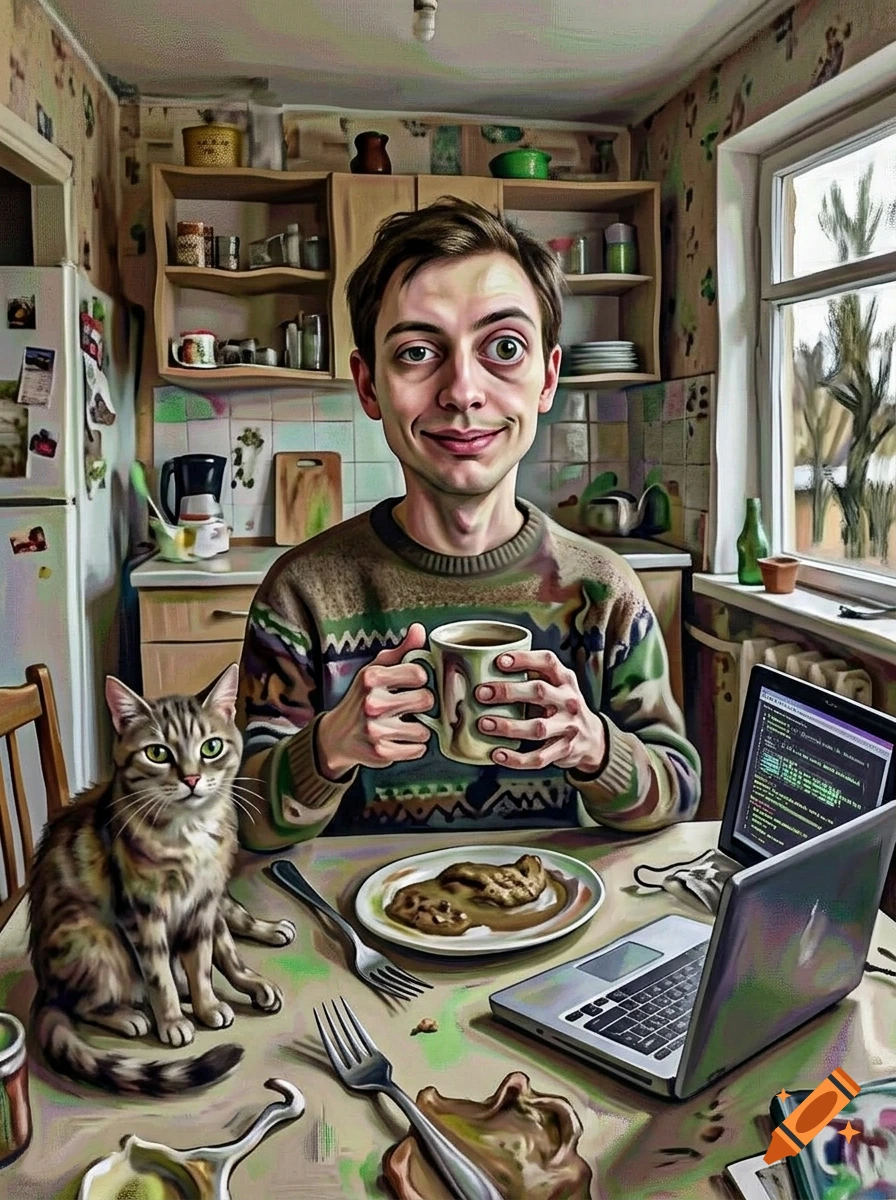 Surreal AI-generated painting of a man with distorted features drinking coffee at a table with a cat and a laptop.